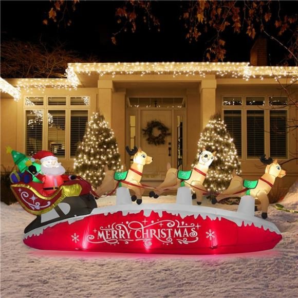 10 FT Santa Sleigh with Reindeer Christmas Inflatables Outdoor Decorations